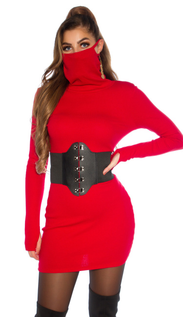 Trendy fitting jurk met face mask rood